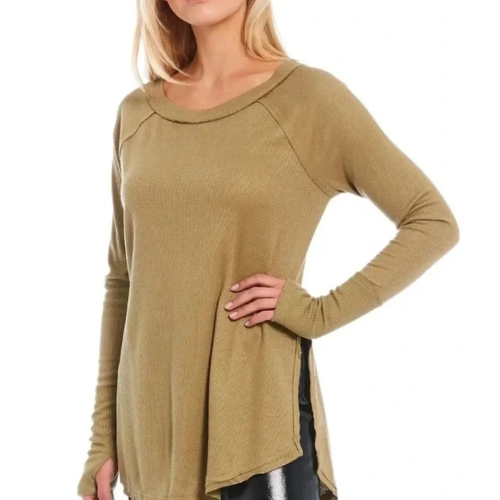 Free People Olive Green Waffle Knit Long Sleeve Top Thumbholes M